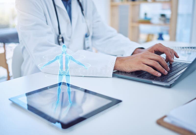Doctor typing, laptop and tablet hologram, futuristic body graphic or ai. Health, healthcare and man with future cyber