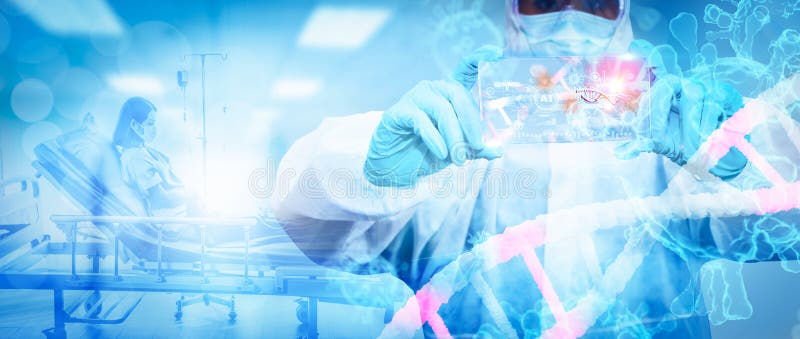 Doctor use virtual screen equipment,analyze and research patient in sterile room,monitor diagnosed and checking,coronavirus or covid 19,medical concept and artificial intelligence or AI technology. Shield artificial intelligence stock images, royalty-free photos and pictures