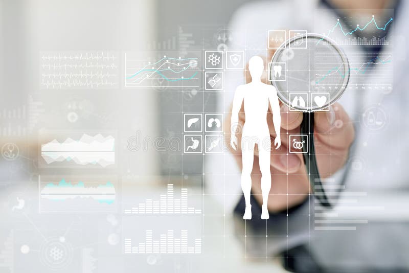 Doctor using modern computer with Medical record diagram on virtual screen concept. Health monitoring application. stock photo Doctor using modern computer with Medical record diagram on virtual screen concept. Health monitoring application. stock photo