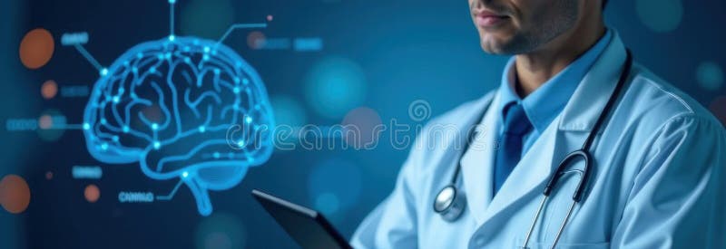 Doctor using tablet analyzing holographic brain scan projection royalty free stock image