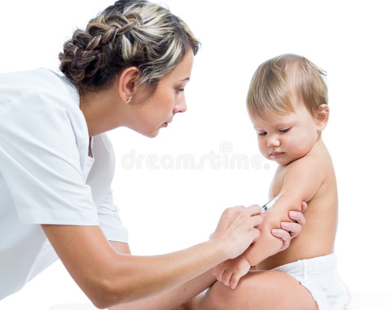 Doctor vaccinating baby on white background