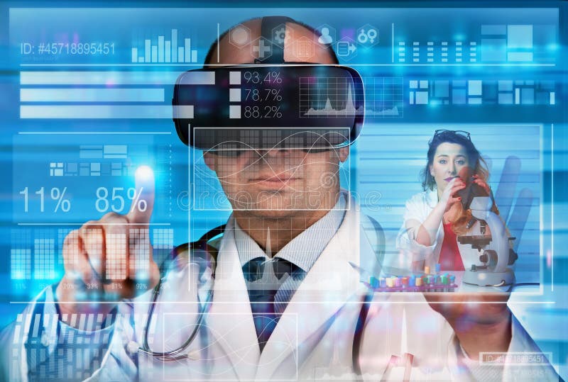 Practitioner technician with Virtual Reality VR equipment collaborating remotely in laboratory work. Doctor with virtual reality glasses working with a remote doctor on a virtual reality interface screen. Futuristic virtual screen interface technology stock images, royalty-free photos and pictures