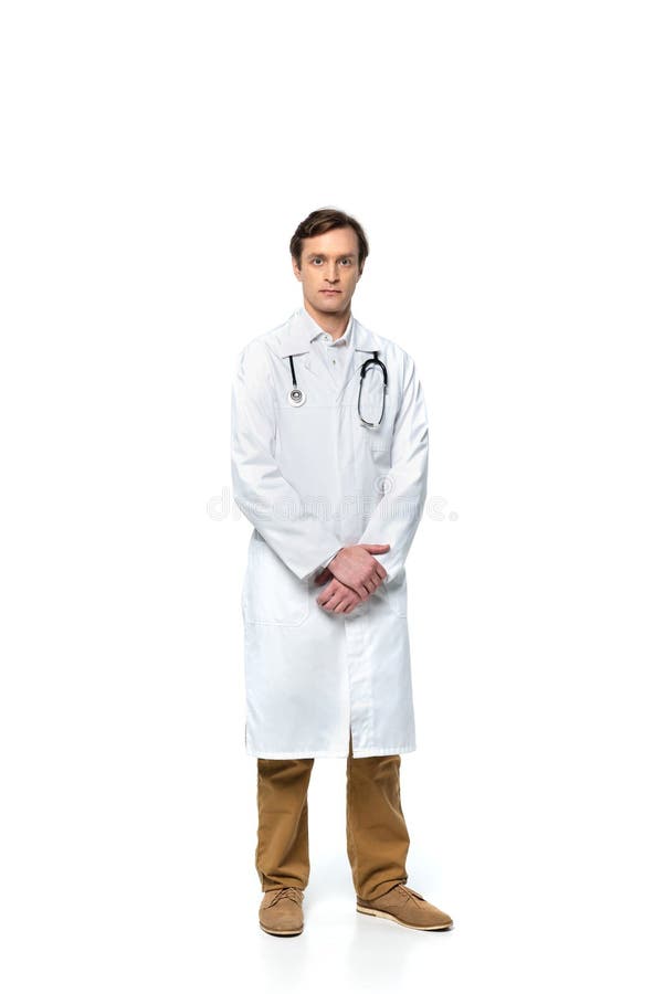 Doctor in White Coat with Stethoscope Looking at Camera on White Stock
