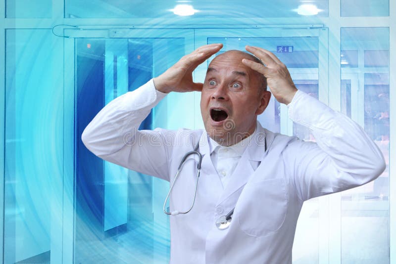 Doctor in a white coat with a phonendoscope around his neck, in despair stretches his arms, screaming, opening his mouth stock photos Doctor in a white coat with a phonendoscope around his neck, in despair stretches his arms, screaming, opening his mouth stock photos