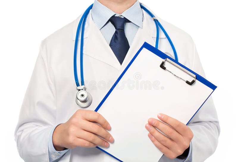 The doctor in a white coat with a stethoscope holding a folder w royalty free stock images