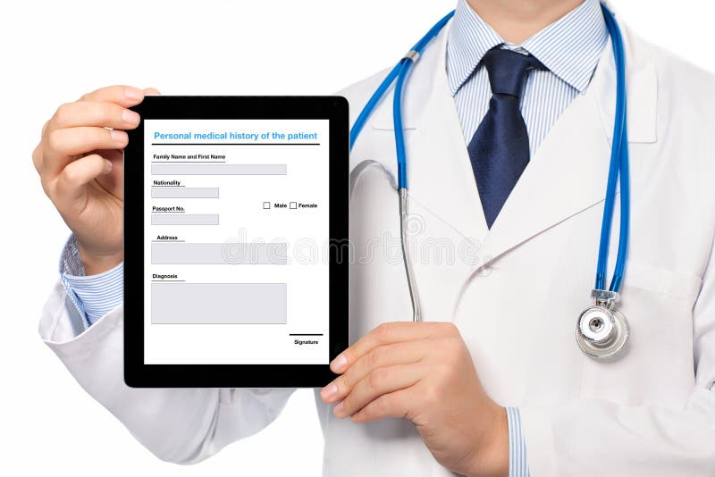 bedrag Ondergedompeld Vervelend The Doctor in a White Coat with a Stethoscope Holding Tablet Wit Stock  Photo - Image of people, hand: 35322026