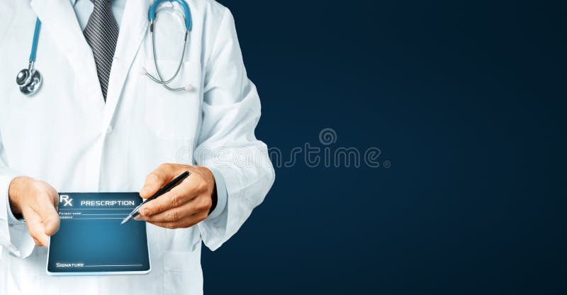 Doctor in white coat with stethoscope holds in his hand digital tablet with history of the disease patient consent and pen for digital signature. Healthcare Medicine Concept. Doctor in white coat with stethoscope holds in his hand digital tablet with history of the disease patient consent and pen for digital signature. Healthcare Medicine Concept