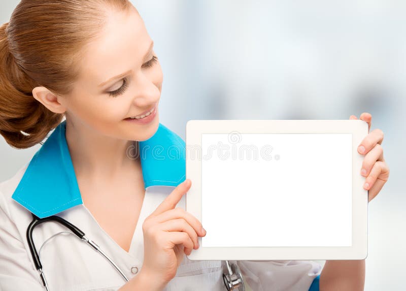 Doctor woman holding a blank white tablet computer