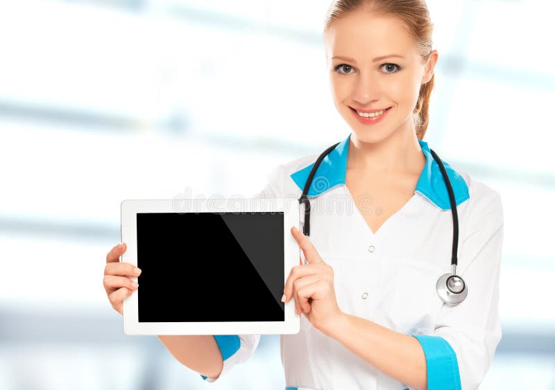 Doctor woman holding a blank white tablet computer