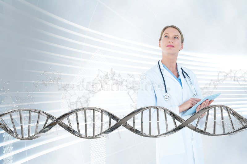 Doctor woman looking up with 3D DNA strand