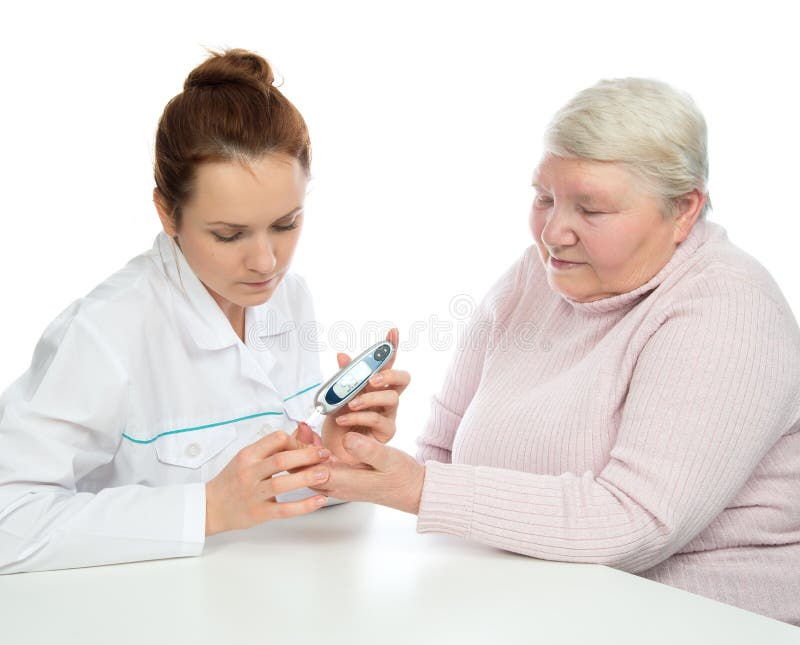 Doctor woman measuring glucose level blood test with glucometer