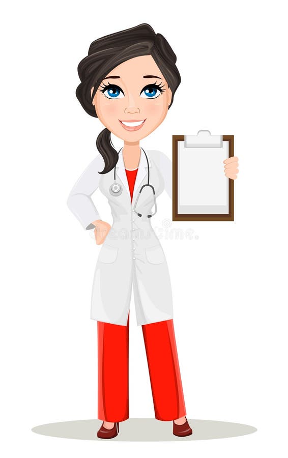 Doctor woman with stethoscope. Cute cartoon smiling doctor character in medical gown holding blank clipboard