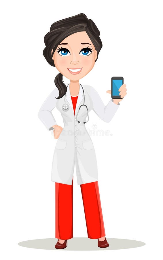 Doctor woman with stethoscope. Cute cartoon smiling doctor character in medical gown holding smartphone.