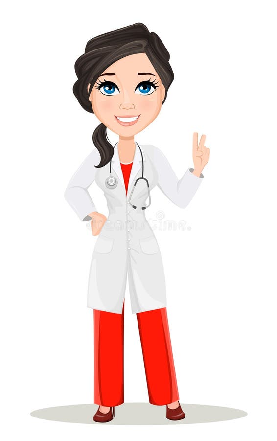 Doctor woman with stethoscope. Cute cartoon smiling doctor character in medical gown showing peace sign.