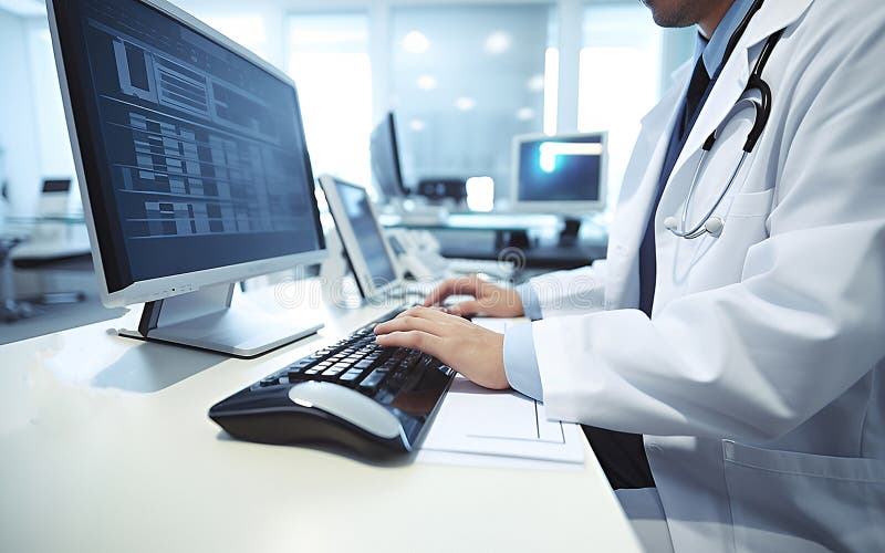 Doctor Working on the Modern Computer, Medical Analysis. Generative AI