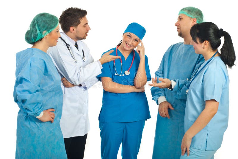 Four doctors asks for explanations to a nurse or a colleague doctor and she smiling and thinking isolated on white background. Smiling asking stock images, royalty-free photos and pictures