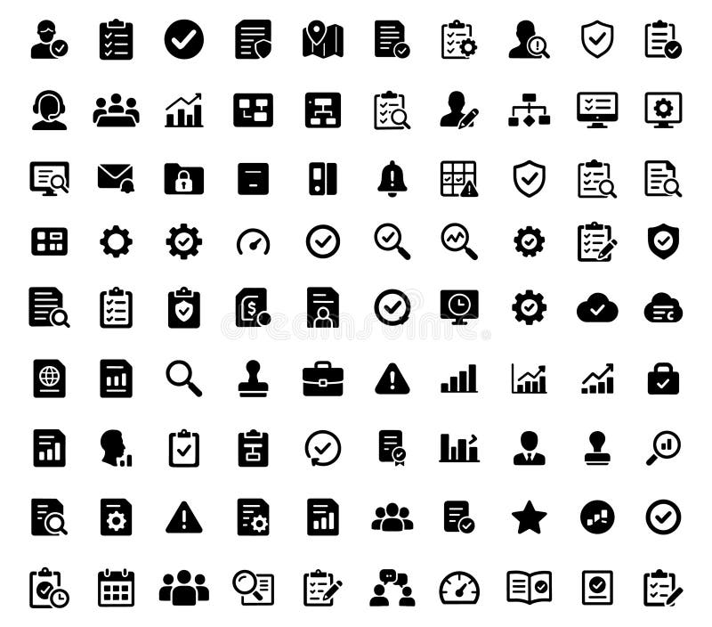 Document and business data analysis vector solid icons set including checklist chart shield magnifying glass and user profile