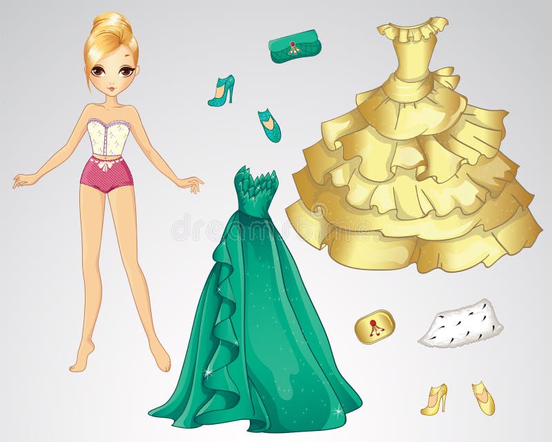 Papieren pop in een groene en gouden jurk stock illustratie