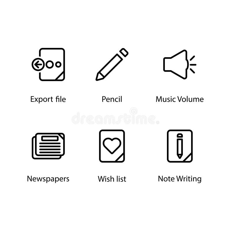Document Export, Pencil, Music Volume, Newspapers, Wish list, Note Writing, Icon stock illustration