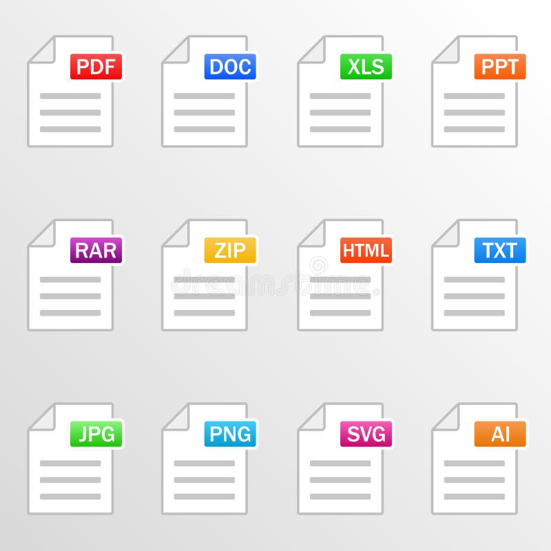 File type icons. Format and extension of documents. Set of pdf, doc, excel,  png, jpg, psd, gif, csv, xls, ppt, html, txt and others. Icons for download  on computer. Graphic templates for