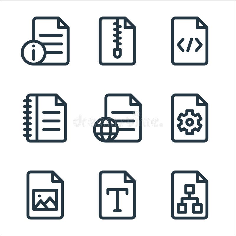 Document and files line icons. linear set. quality vector line set such as analytics, font, picture, settings, file, file, coding vector illustration