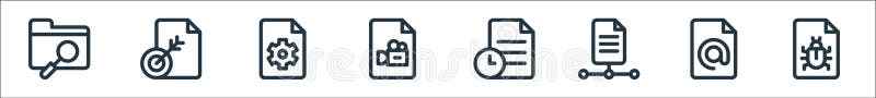 Document and files line icons. linear set. quality vector line set such as bug, address, file, file, video, settings, file vector illustration