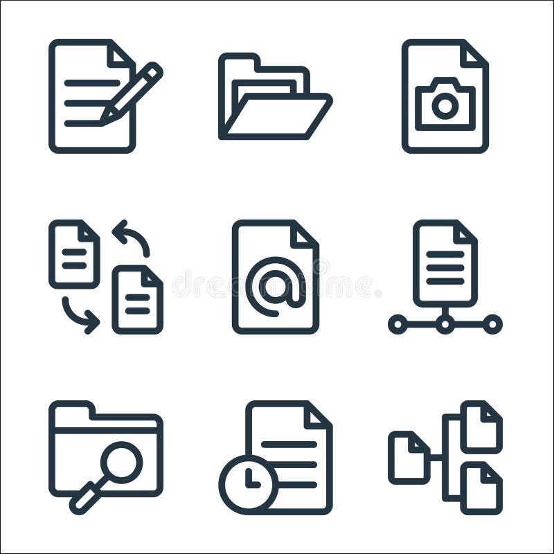 Document and files line icons. linear set. quality vector line set such as chart, file, folder, file, address, transfer, photo royalty free illustration