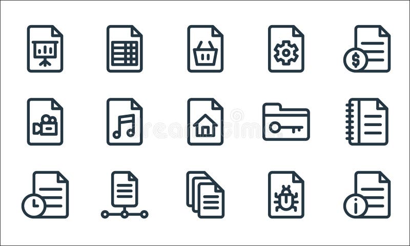 Document and files line icons. linear set. quality vector line set such as file, file, file, bug, video, folder, settings stock illustration