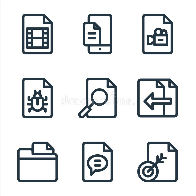 Document and files line icons. linear set. quality vector line set such as file, chat, folder, file, file, bug, video stock illustration