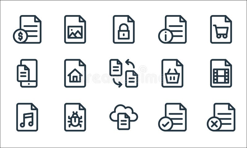 Document and files line icons. linear set. quality vector line set such as file, file, music, file, bug, shopping, picture royalty free illustration