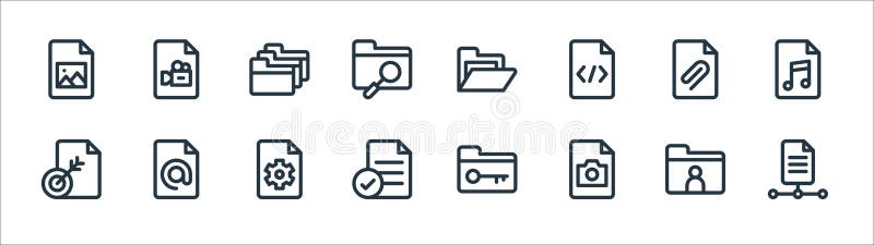 Document and files line icons. linear set. quality vector line set such as file, photo, file, file, add, folder, folder, video vector illustration