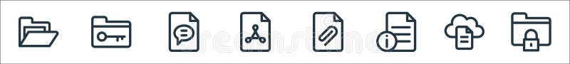 Document and files line icons. linear set. quality vector line set such as folder, file, file, add, pdf, chat, folder stock illustration