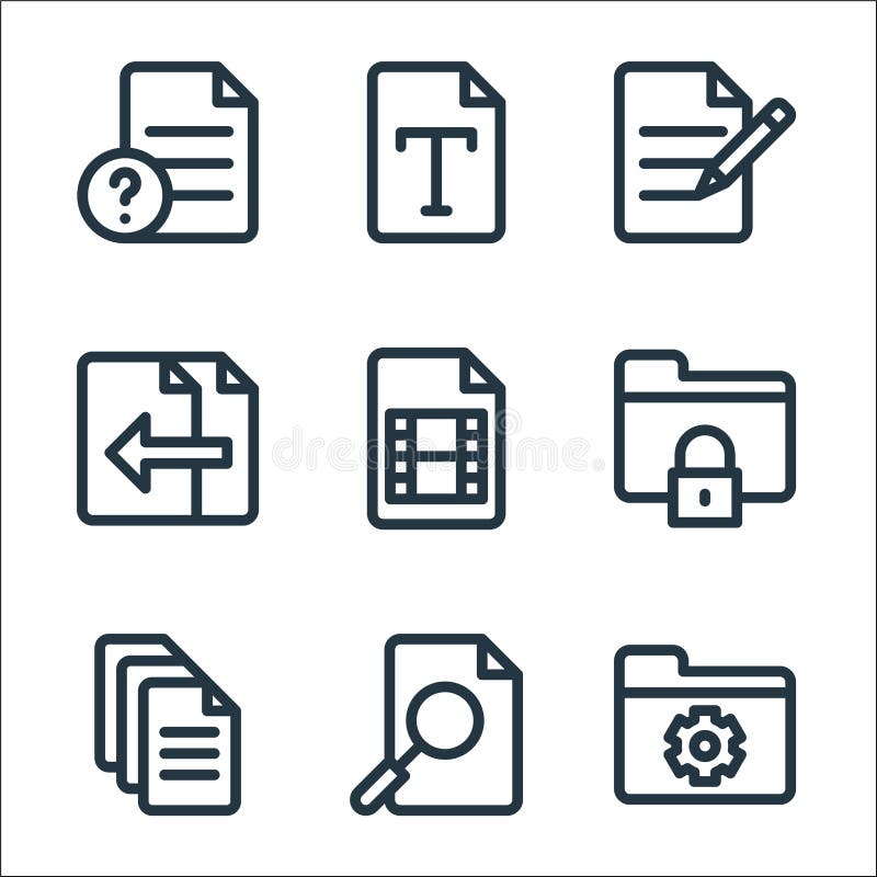 Document and files line icons. linear set. quality vector line set such as folder, file, file, folder, movie, file, font stock illustration