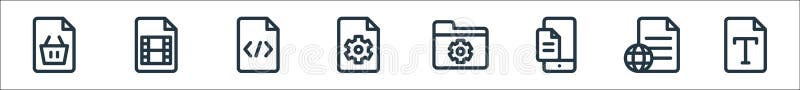Document and files line icons. linear set. quality vector line set such as font, file, file, folder, settings, coding, movie stock illustration