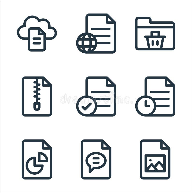 Document and files line icons. linear set. quality vector line set such as picture, chat, analytics, file, file, zip, folder, file royalty free illustration