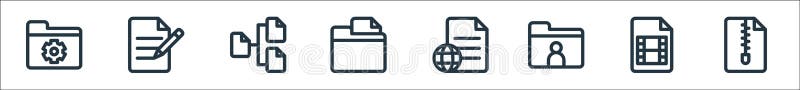 Document and files line icons. linear set. quality vector line set such as zip, movie, folder, file, folder, chart, file vector illustration