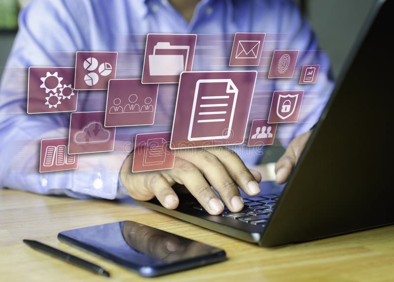 Document Management Concepts Online Document Database for storage. Document management concept, software, online document database management system icon. For archiving, searching, protection and efficient management of company files and data