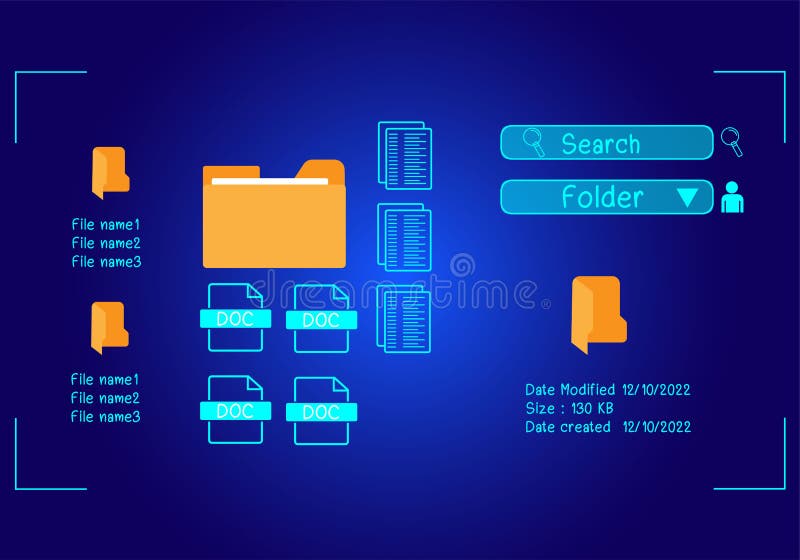 Document management system concept, folder and document icon software, searching and managing files online document database, for royalty free illustration