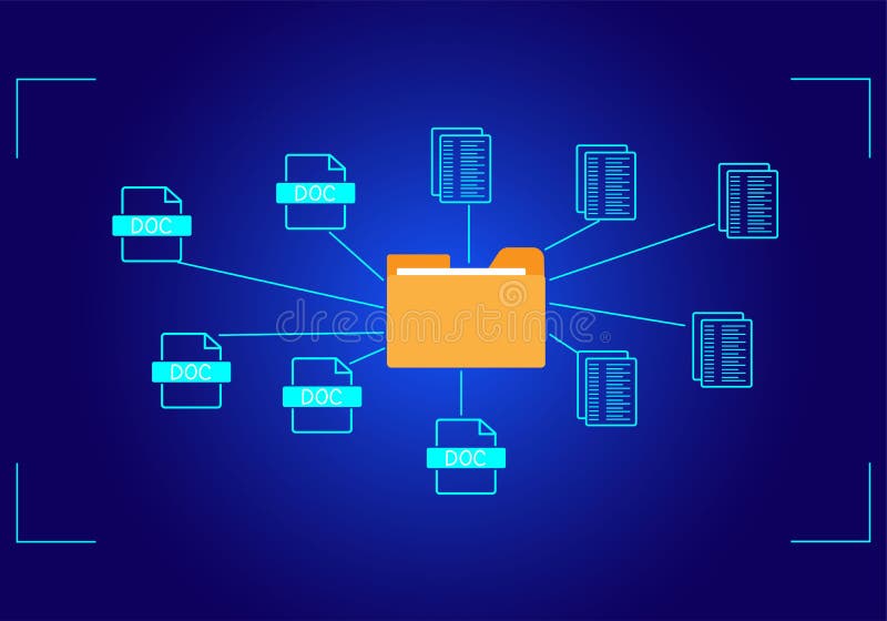 Document management system concept, folder and document icon software, searching and managing files online document database, for stock illustration