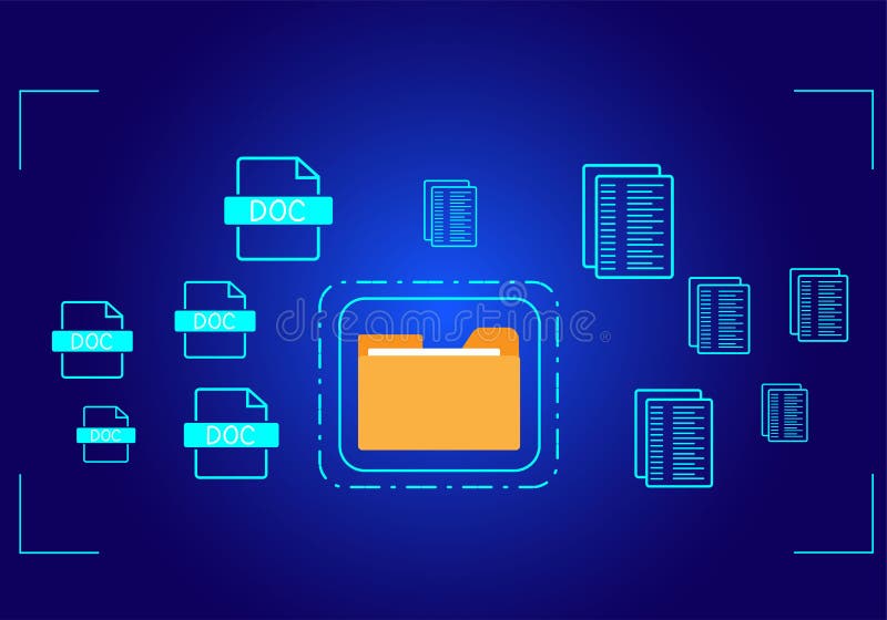 Document management system concept, folder and document icon software, searching and managing files online document database, for stock illustration