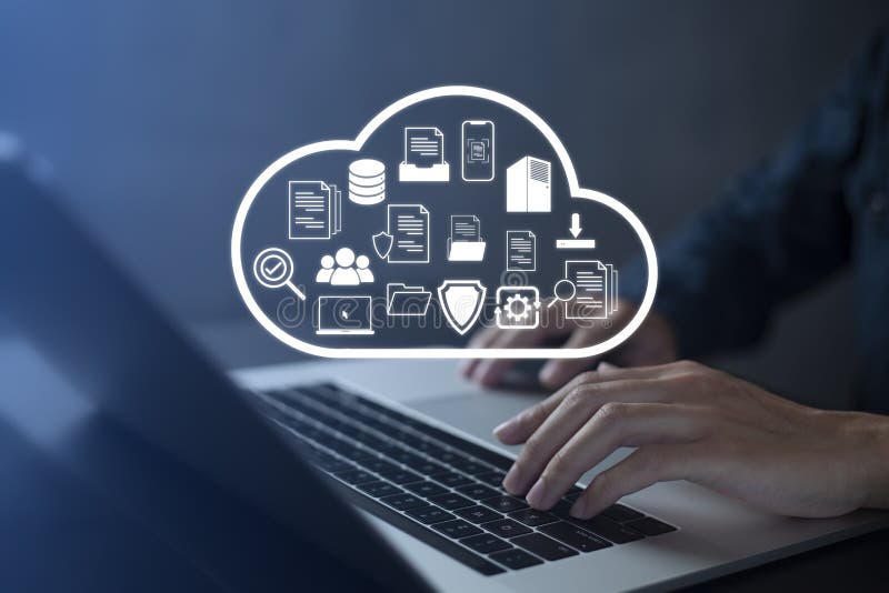 Document Management System DMS Online Document Database and automated processes to manage files, knowledge, and documents in an stock illustration