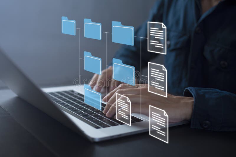 Document Management System DMS Online Document Database and automated processes to manage files, knowledge, and documents in an stock illustration