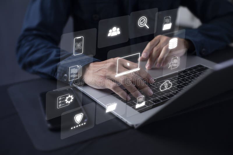 Document Management System DMS Online Document Database and automated processes to manage files, knowledge, and documents in an stock illustration