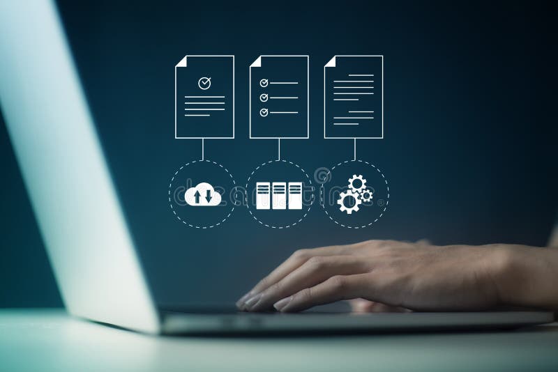 Document Management System DMS Online Document Database and automated processes to manage files, knowledge, and documents in an vector illustration