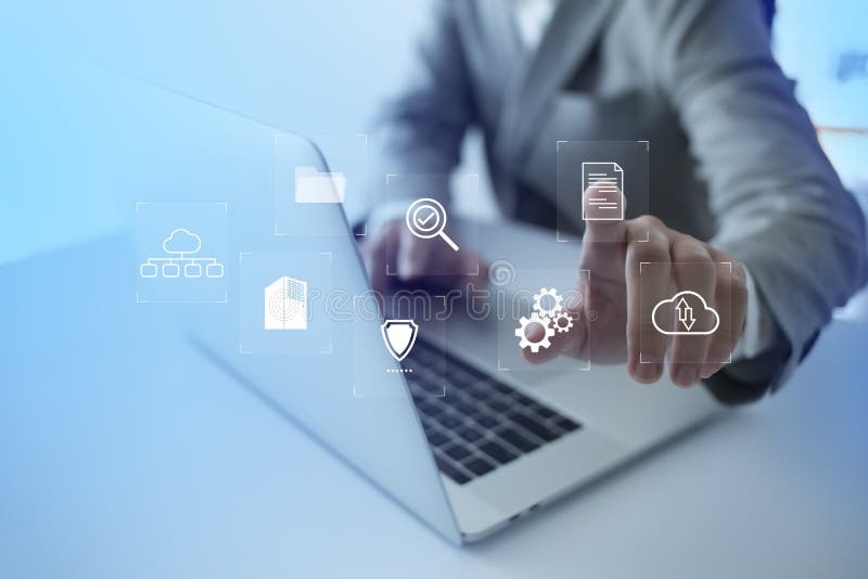 Document Management System DMS Online Document Database and automated processes to manage files, knowledge, and documents in an stock illustration