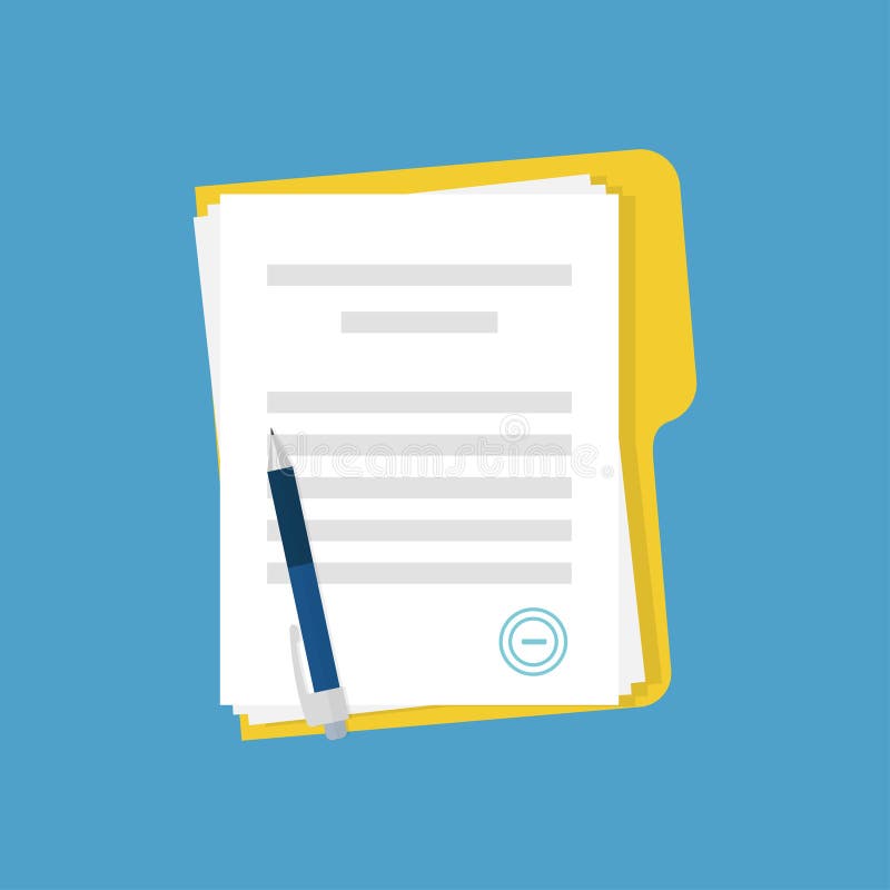 Document with stamp and pen. Business documents agreement. Paper contract or paperwork on blue background. EPS 10 stock vector. Memorandum understanding illustrations