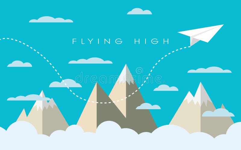 Document vliegtuig die over bergen tussen wolken vliegen