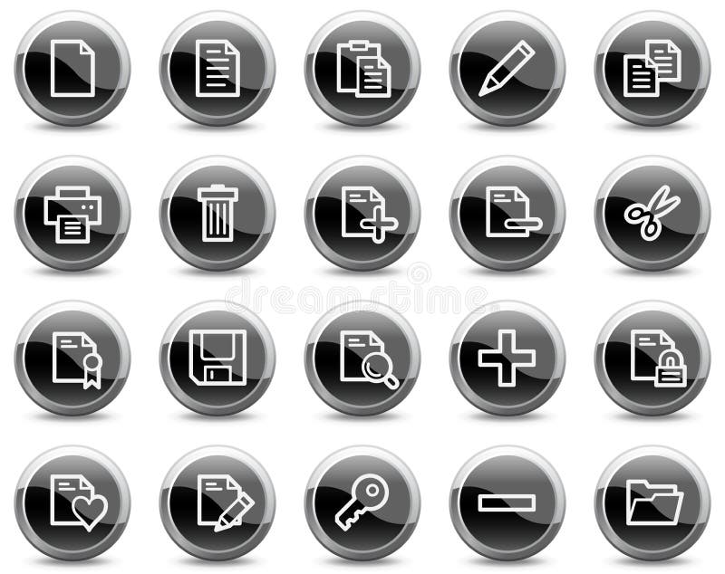 Document web icons, black glossy circle buttons vector illustration