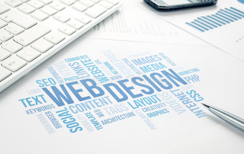 Documento de la impresión de la nube de la palabra del concepto del negocio del diseño web, teclado