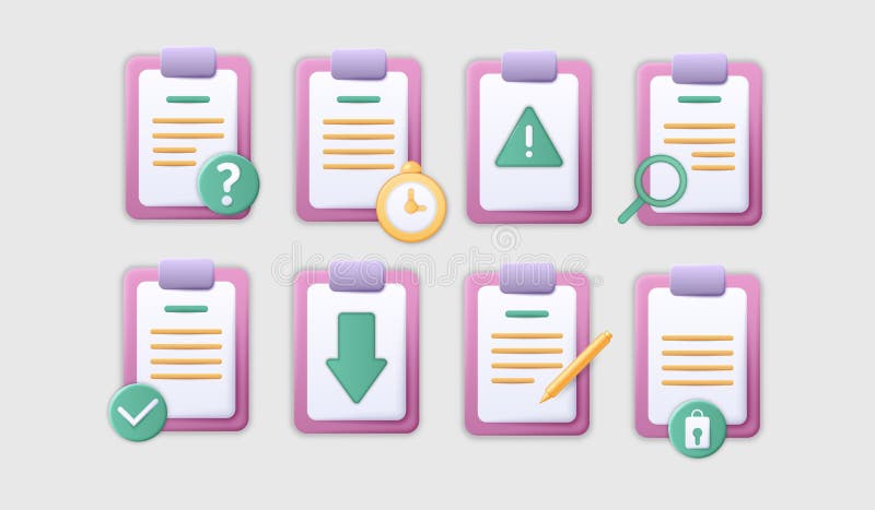 Documents clipboard 3d icons. Report sheets. Update or add error. Computer lock script for refresh. Paper pages with plus or upload symbols. Isolated file pictograms set. Vector realistic illustration. Sheet script icons vectors